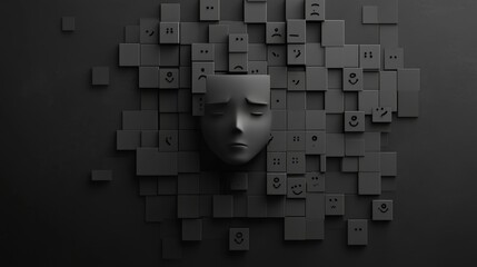 Poster - Abstract representation of emotions with a monochrome face integrated into a grid of varying expression squares showcasing sadness, happiness, and confusion.