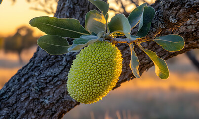 Golden hour illuminates a vibrant green Brachichiton fruit hanging from a tree branch, showcasing its unique texture and the beauty of nature's details.