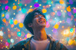 © Fernando Cortés - Asian man radiates joy at outdoor party with friends surrounded by dazzling light effects