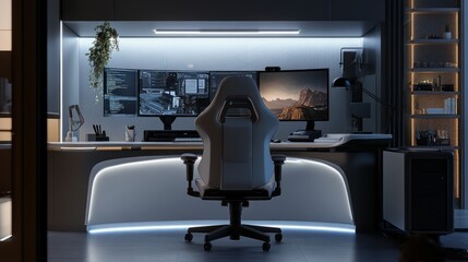 Poster - Gaming desk setup with high-resolution monitors, a curved ergonomic design, RGB strip lights, and a matching gaming chair in a dimly lit room