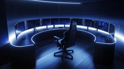 Poster - Gaming desk setup with high-resolution monitors, a curved ergonomic design, RGB strip lights, and a matching gaming chair in a dimly lit room