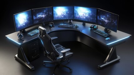 Poster - High-performance gaming desk setup featuring triple monitors, a curved design, neon ambient lighting, and space-saving accessories