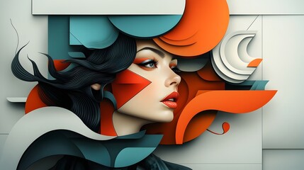Poster - Stylized portrait of a striking woman with expressive features and bold retro futuristic patterns created in an avant garde pop art style with a neo cubist technique and a crisp polished finish
