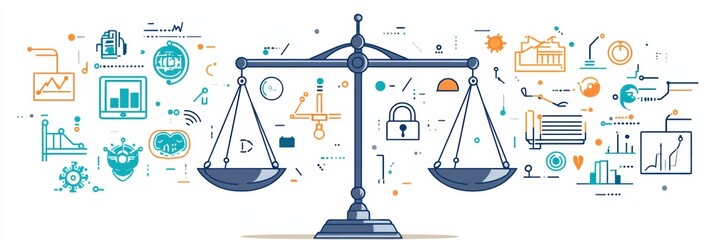 Aufkleber - The scales of justice are depicted with various technology and data graphics surrounding them, symbolizing the balance between law and innovation. Generative AI