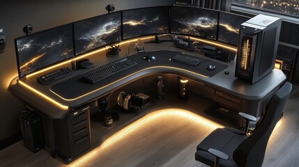 Poster - Professional gaming desk with an ergonomic curve, ultra-wide monitors, a powerful tower PC, and neatly organized accessories in a moody lit space