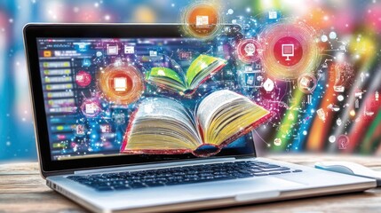 Poster - A laptop displaying an open book and digital icons, symbolizing online learning and knowledge.