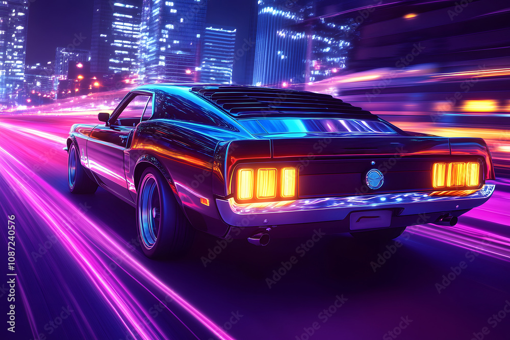 3d render car driving on the city streets at night with neon lights and ...