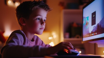 Poster - A young boy sits at a computer in a dimly lit room, focusing on the screen as he uses a mouse