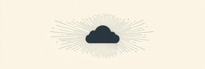 Fototapete - This design features a black cloud icon with radiating lines, representing weather phenomena or digital themes against a light backdrop. Generative AI