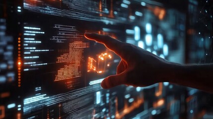 Fototapete - A human hand interacts with a glowing digital display showcasing advanced technology and intricate data visualization, emphasizing the captivating connection between man and machine