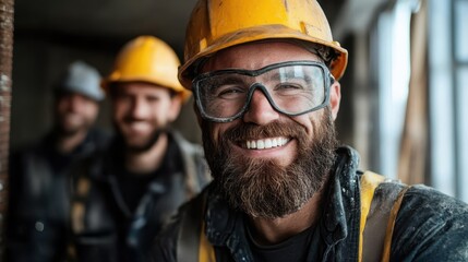 A construction worker with a rugged beard and smiling face poses in front of the camera, sporting a yellow hard hat and safety goggles, at a work site.