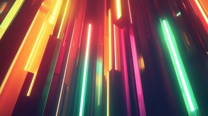 Poster - Glowing neon light strips in dynamic vertical alignment against a shadowy background, symbolizing modern technology.