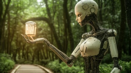 Leinwandbilder - Artificial intelligence robot carrying light in front of nature background. reassuring, guiding, Artificial intelligence enlightens our world