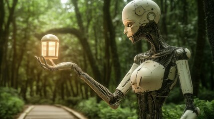 Leinwandbilder - Artificial intelligence robot carrying light in front of nature background. reassuring, guiding, Artificial intelligence enlightens our world
