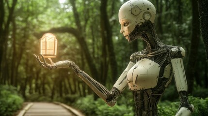 Leinwandbilder - Artificial intelligence robot carrying light in front of nature background. reassuring, guiding, Artificial intelligence enlightens our world