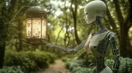 Leinwandbilder - Artificial intelligence robot carrying light in front of nature background. reassuring, guiding, Artificial intelligence enlightens our world
