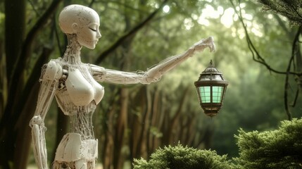 Leinwandbilder - Artificial intelligence robot carrying light in front of nature background. reassuring, guiding, Artificial intelligence enlightens our world

