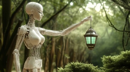 Leinwandbilder - Artificial intelligence robot carrying light in front of nature background. reassuring, guiding, Artificial intelligence enlightens our world

