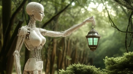 Leinwandbilder - Artificial intelligence robot carrying light in front of nature background. reassuring, guiding, Artificial intelligence enlightens our world

