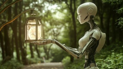 Leinwandbilder - Artificial intelligence robot carrying light in front of nature background. reassuring, guiding, Artificial intelligence enlightens our world