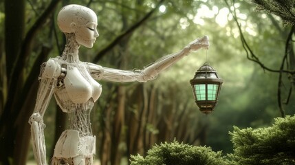 Leinwandbilder - Artificial intelligence robot carrying light in front of nature background. reassuring, guiding, Artificial intelligence enlightens our world