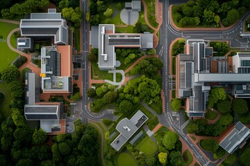 Poster - aerial view of an expansive biotech research campus featuring sleek modernist buildings with clean g