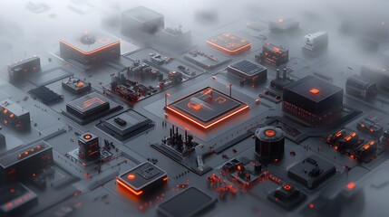Poster - Dramatic aerial panorama showcasing an expansive high tech biotech industrial zone with numerous futuristic production facilities complex infrastructure and advanced manufacturing technologies