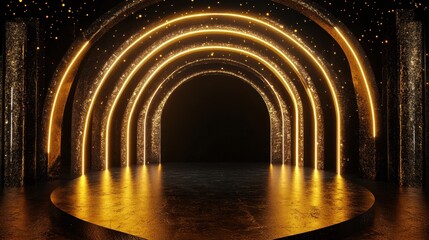 Poster - Luxurious black and gold stage with a glowing golden arc, set for a prestigious awards night backdrop.