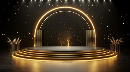Poster - Luxurious black and gold stage with a glowing golden arc, set for a prestigious awards night backdrop.