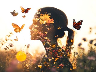 Poster - Beautiful Silhouette of a Woman with Flowers and Butterflies in Soft Focus, Representing Nature, Growth, and Serenity in a Dreamlike Landscape at Sunset