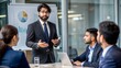 © N7 - An Indian corporate professional presenting a business plan in a conference room.