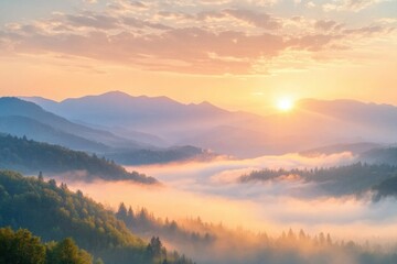 Poster - A stunning sunrise casts warm hues over fog-covered valleys and mountain peaks, creating a serene morning landscape. Generative AI