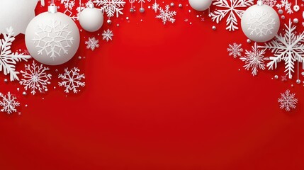 Poster - Christmas paper design featuring snowflakes and festive ornaments on a vibrant red background