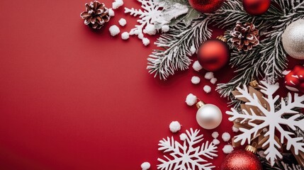 Poster - Christmas paper design featuring snowflakes and festive ornaments on a vibrant red background