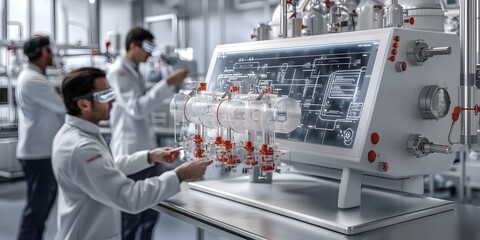 Poster - A group of dedicated biotech professionals diligently working to resolve issues with a complex bioreactor fermentation system