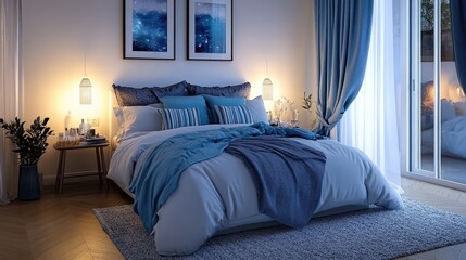 Poster - Clean and serene bedroom featuring a mockup frame on a white wall, soft lighting, and subtle decor