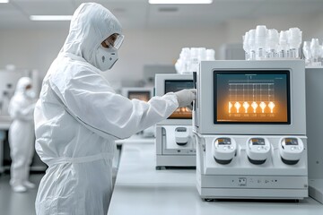 Poster - Biotech Engineer Overseeing Cutting Edge Biopharmaceutical Synthesis in Meticulously Organized Clean Room   Dynamic Composition Capturing the Hive of Activity in a Futuristic
