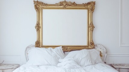 Poster - Cozy bedroom with a blank mockup frame on a white background, perfect for artwork or design previews