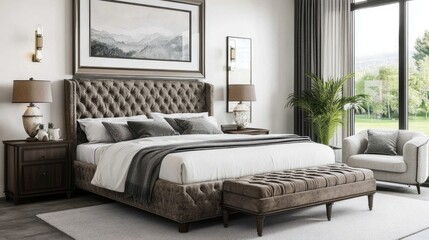 Poster - Elegant bedroom with a white background wall, showcasing a large mockup frame above a comfy bed