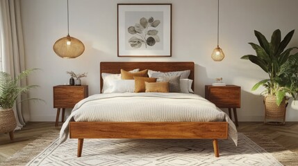 Poster - Elegant bedroom with a white background wall, showcasing a large mockup frame above a comfy bed