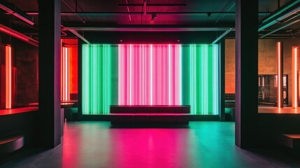 Poster - Vibrant green, pink, and red neon light bars stand out against a black backdrop, creating a sleek and contemporary vibe.
