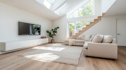 Wall Mural - A modern living room flooded with light through skylights, highlighting an L-shaped sofa and indoor plants. A stairway leads to an upper level, enhancing the space.