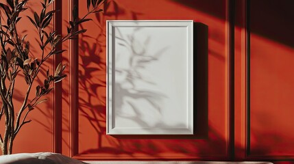 Poster - Mockup frame in a cozy bedroom with a modern red background wall, featuring minimal decor and a soft bedspread