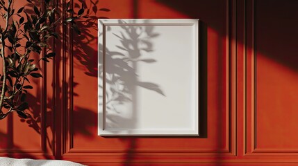 Poster - Mockup frame in a cozy bedroom with a modern red background wall, featuring minimal decor and a soft bedspread