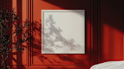 Poster - Mockup frame in a cozy bedroom with a modern red background wall, featuring minimal decor and a soft bedspread