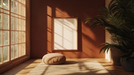 Poster - Mockup frame in a cozy living room with a modern red background wall, featuring minimal decor and a soft bedspread