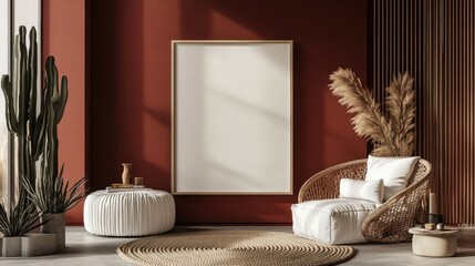 Poster - Mockup frame in a cozy living room with a modern red background wall, featuring minimal decor and a soft bedspread