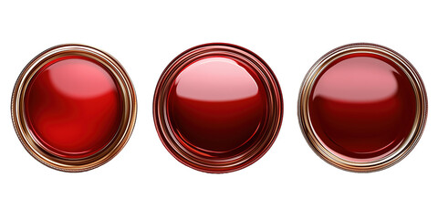 Three glossy red buttons isolated on PNG cutout background.