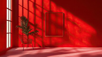 Poster - Modern bedroom setup featuring a mockup frame on a rich red background, accented with subtle lighting
