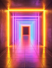Poster - A lively corridor, illuminated by colorful neon lights, provides an extraordinary digital art experience that inspires and energizes all who pass through, leaving a lasting impression